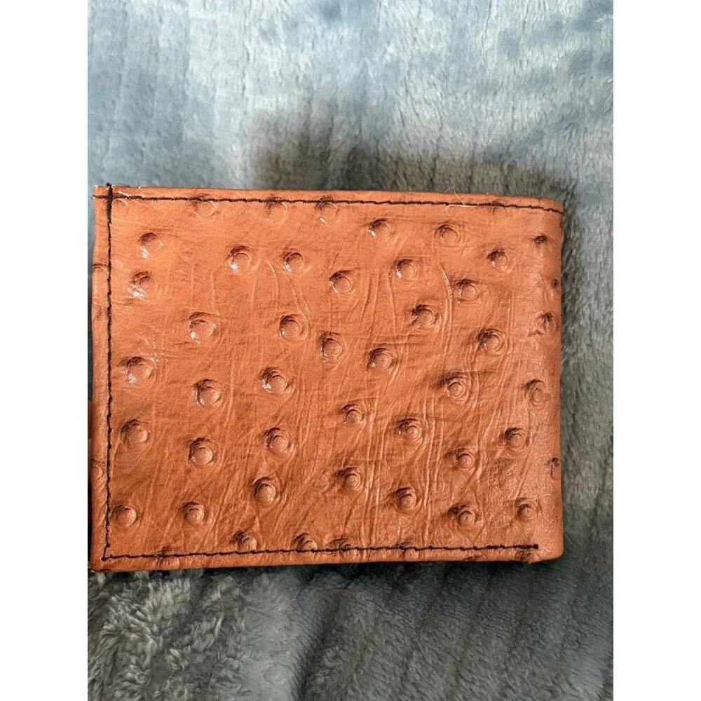 Men’s Leather Wallet Cognac Ostrich Skin Bifold Wallet Genuine Leather